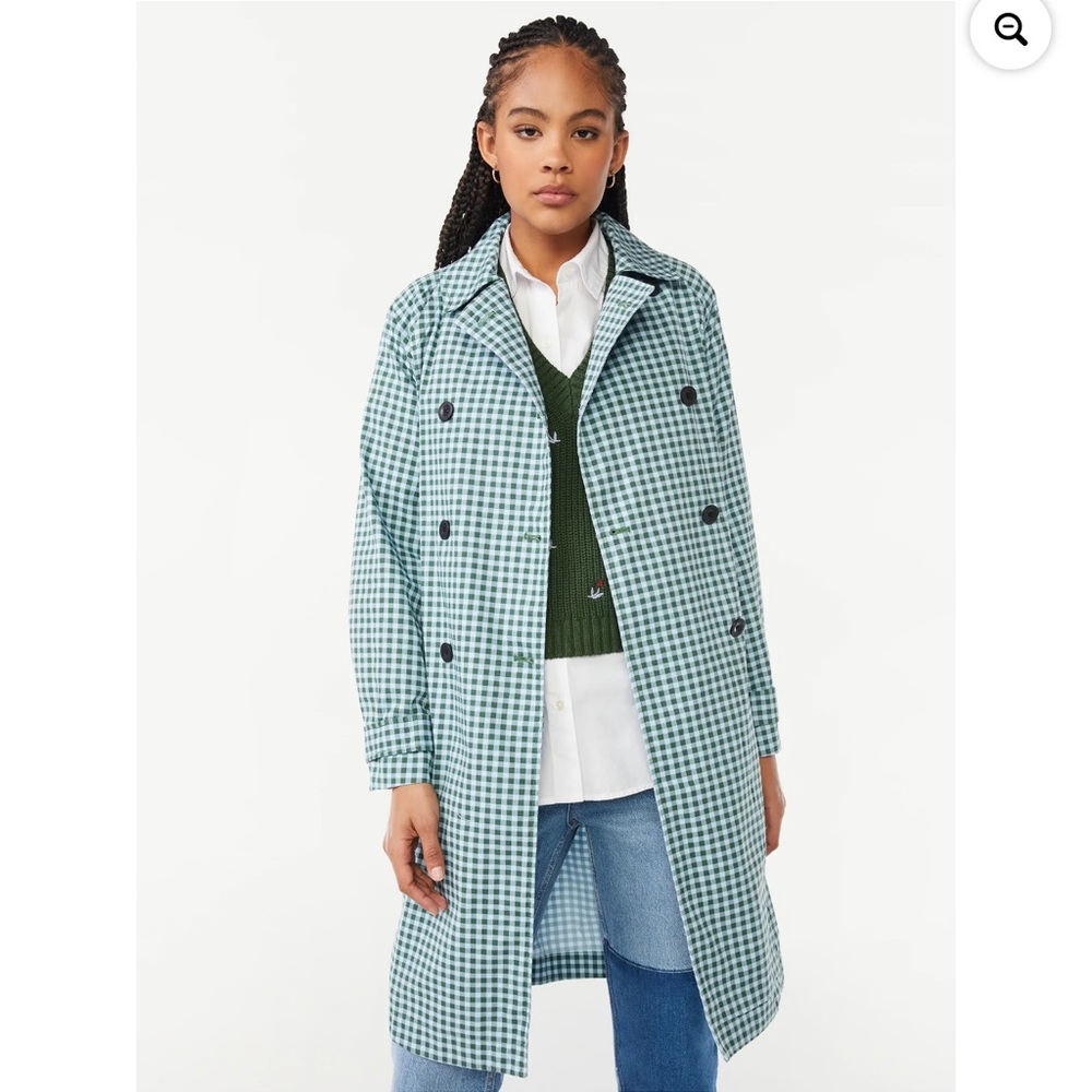 NWOT Free Assembly Plaid Blue & Green Checkered Gingham Everyday Trench Coat